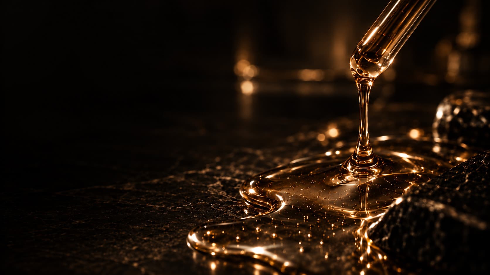 A gold-flecked drop of serum pooling on a dark surface
