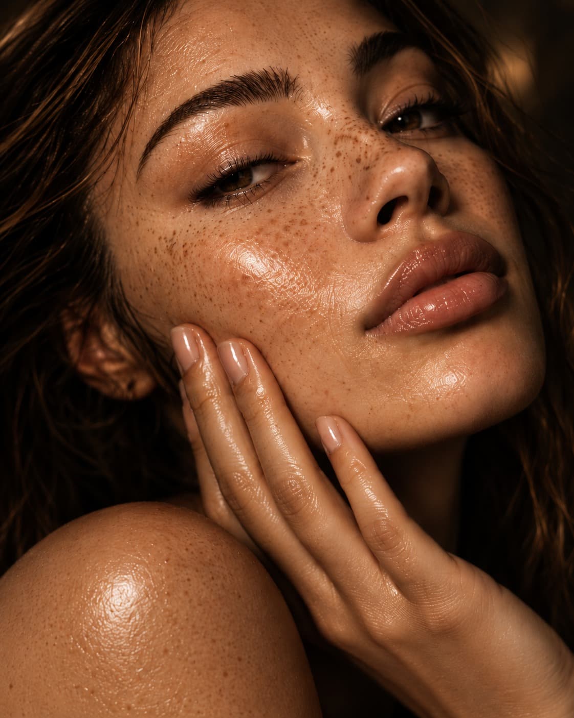 Close-up of freckled skin, glowing and hydrated